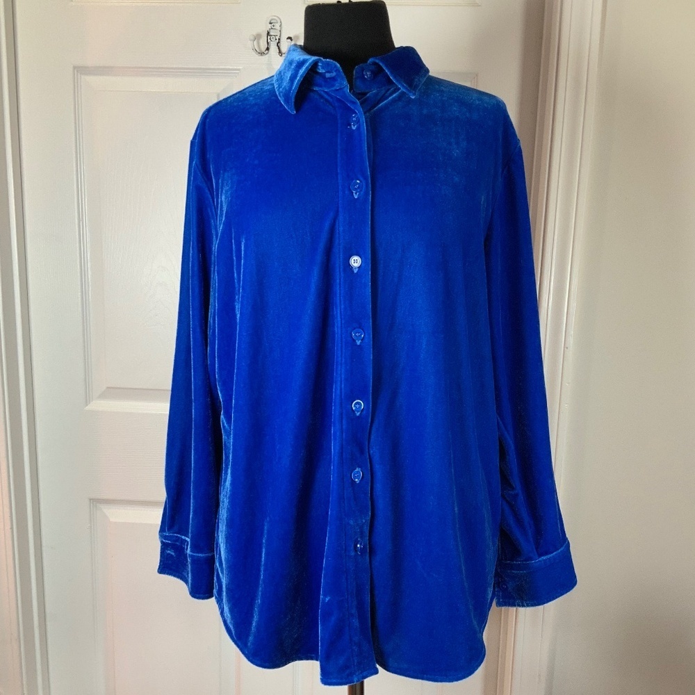 Soft Surroundings Velvet Coastal Blue Boyfriend Long Sleeve Tunic Top Size LP - Picture 10 of 10